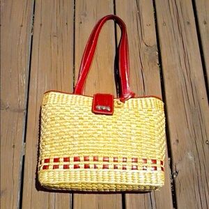 Brighton Red Leather Silver Heart Woven Shoulder Basket Tote Shoulder Bag Purse